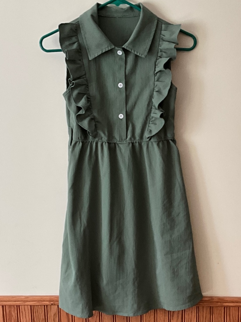 Girls Sleeveless Ruffle Button-Front Dress - Olive Green